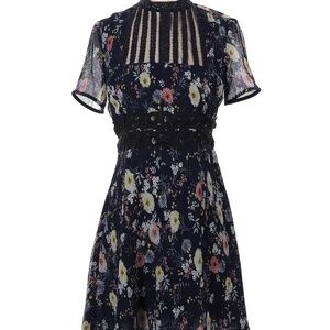 FOXIEDOX Navy Blue Floral Print Farfara Short Sleeve Mini Dress S
